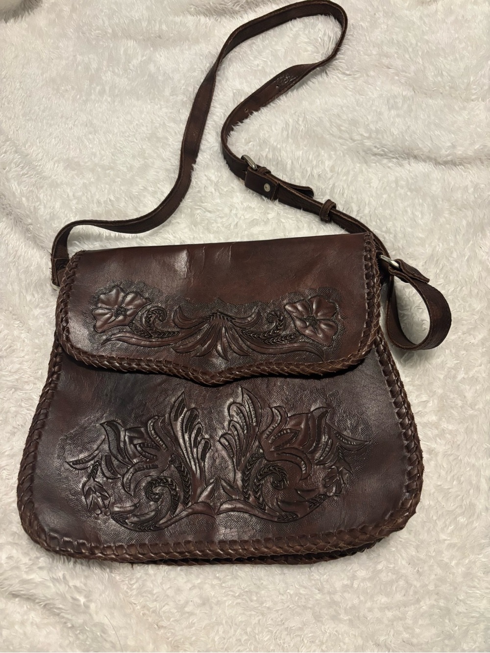 Hand-Tooled Dark Brown Leather Crossbody Bag